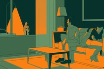 An illustration of a man and a woman sitting on a couch; the man is looking at another woman outside their home