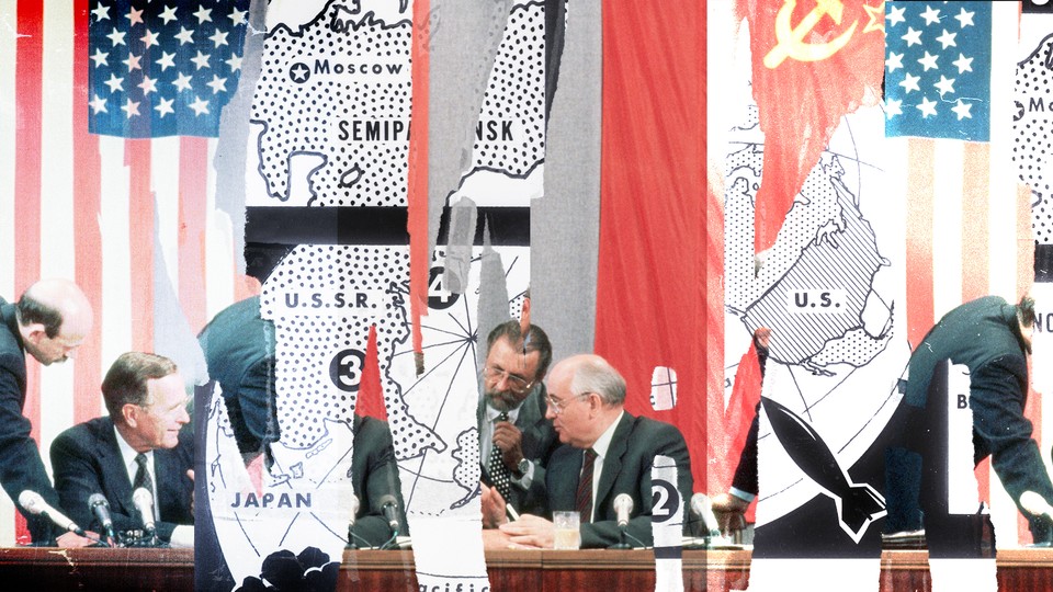 Collage with photograph of negotiators with the U.S. and U.S.S.R. flags behind them and a black-and-white world map