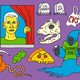 A collage on a purple background, featuring ghosts, tombstones, a cat skull, a dead rat, a spooky tree.