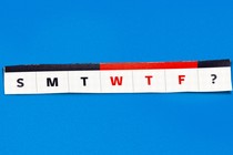An illustration of a weekly calendar, with each day represented by its first letter and the letters "WTF" highlighted in red