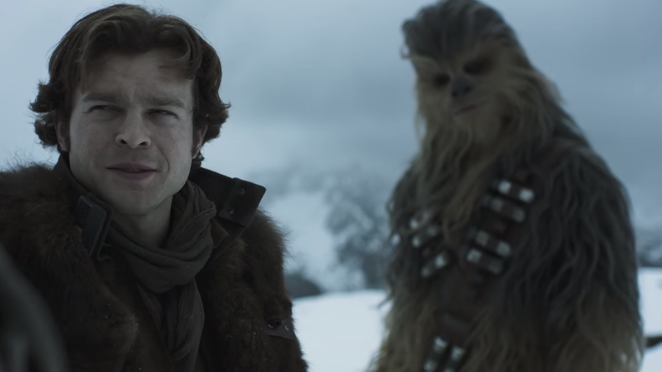 Still from the upcoming Star Wars spinoff movie, 'Solo,' featuring Han Solo and Chewbacca