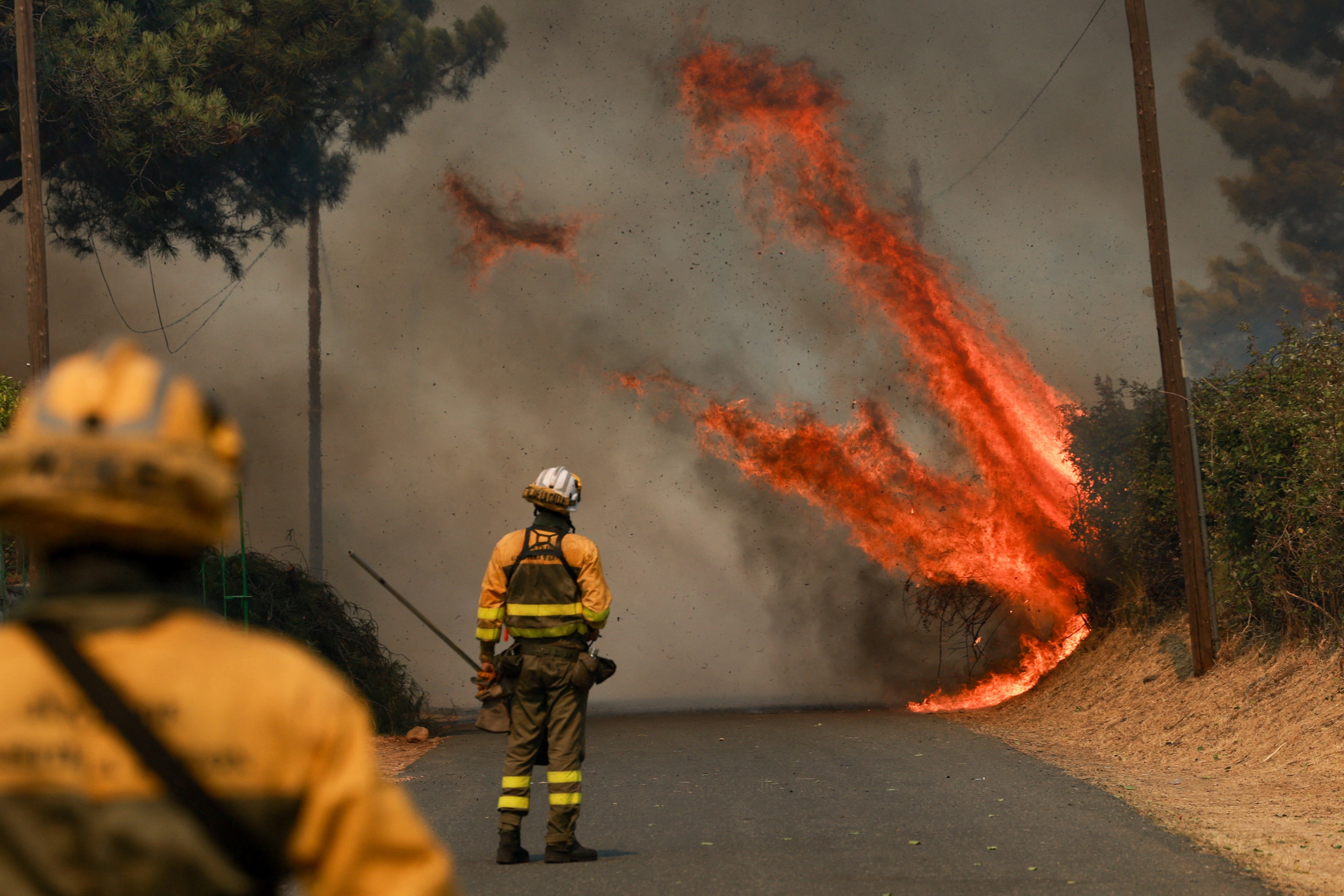 Two firefighters stand on a road as flames rise up from nearby brush.