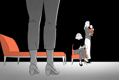 Illustration of a mother's legs from behind, facing her daughter, her grandchild, and their therapist