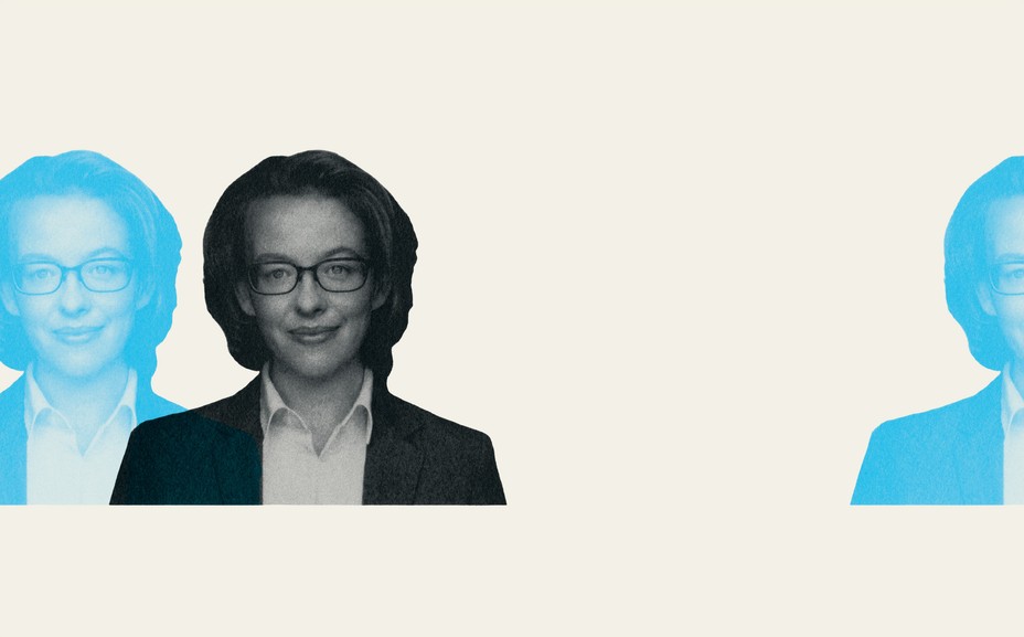 photo-illustration with black-and-white photo of woman in glasses and jacket smiling, duplicated twice as blue duotones on tan background