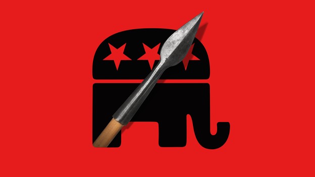 An arrow appearing from a GOP elephant icon.