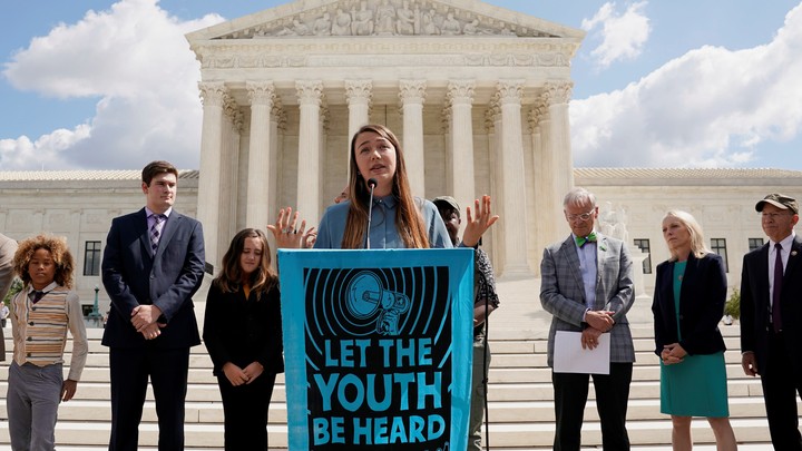 Kelsey Juliana, a lead plaintiff in the climate-change case, speaks outside the U.S. Supreme Court.
