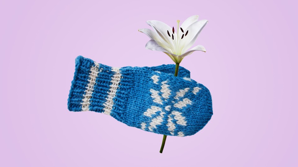 An illustration of a mitten with a flower tucked into it