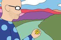 A drawing of a person walking down a path through the mountains, looking at a compass with a smiley-face design