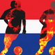 Photo illustration of silhouettes of three men running with soccer balls, with fire running through them, over a flag of red, white and blue stripes