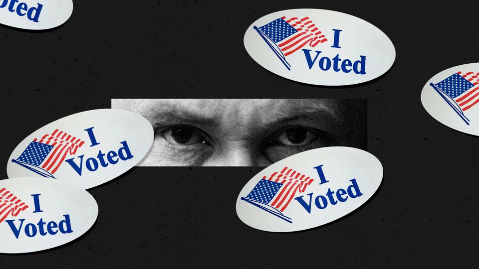 An illustration of "I Voted" stickers with a pair of eyes watching