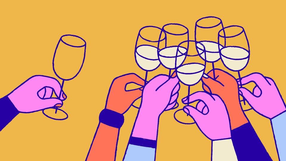 A single empty wine glass was lifted outside the circle of several full wine glasses.