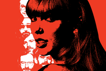 Illustration with black image of Taylor Swift over red background with images of The National members in white