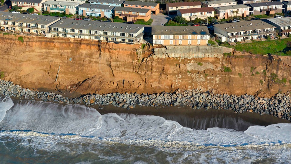 Apartments at the edge of an eroding cliff in Pacifica, California