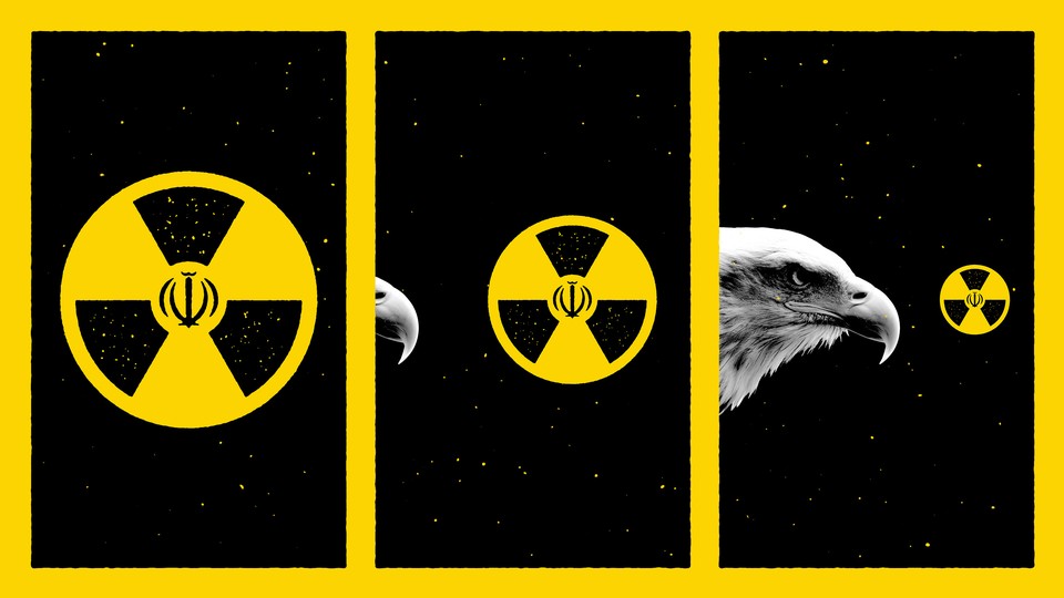 A triptych illustration in which an American eagle approaches an Iranian nuclear symbol.