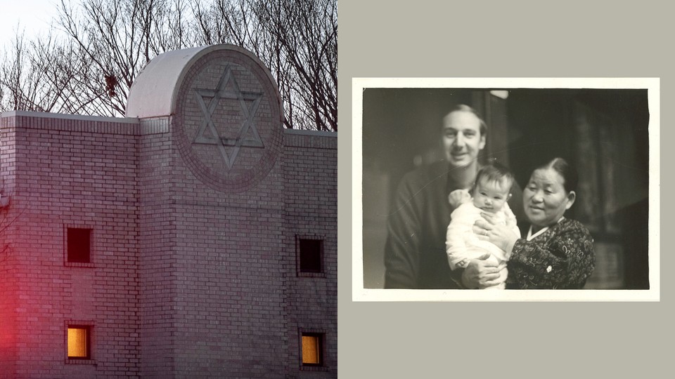a photo of a synagogue and the author with her family