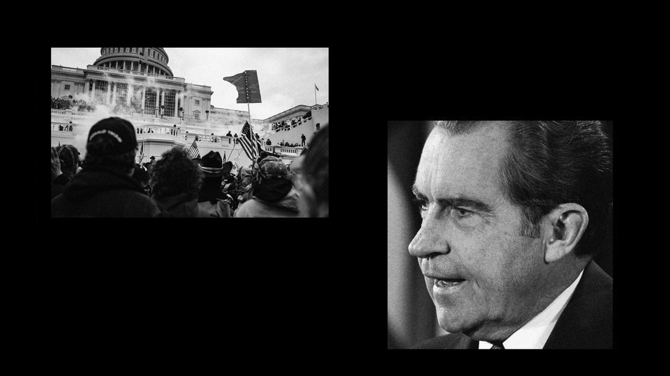 Collage of January 6 insurrectionists and Richard Nixon.