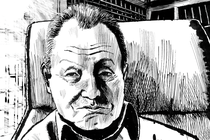 A black-and-white illustration of an older man in a collared shirt and v-neck sweater sitting in a high-back chair.