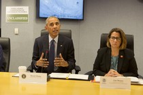 President Obama and Lisa Monaco, his top homeland security adviser, attend a briefing at the Federal Emergency Management Agency