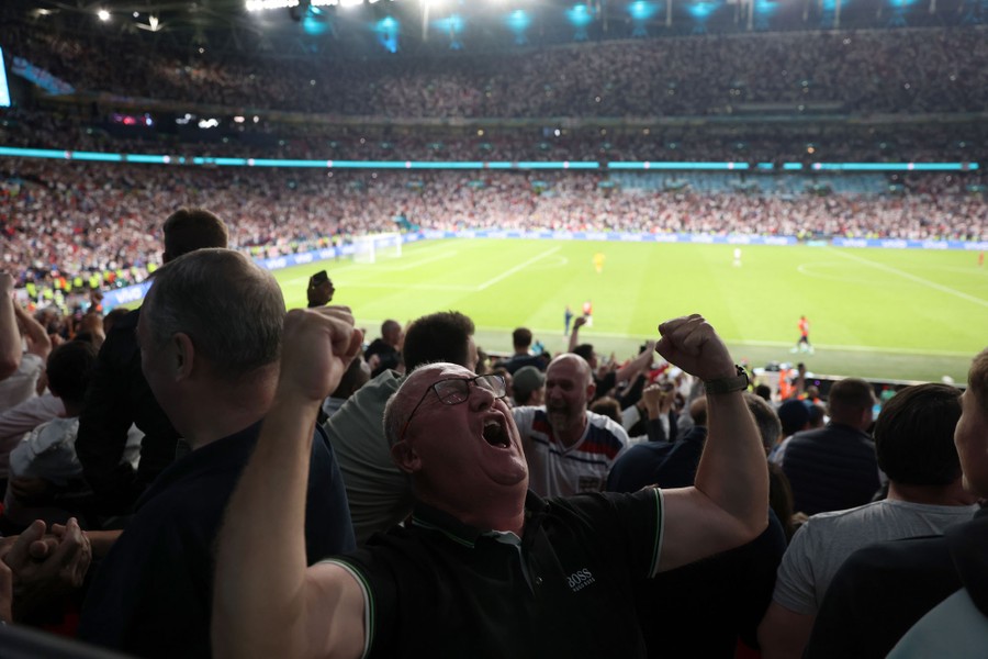 Fans in a stadium celebrate.