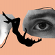 An illustration of two eyes watching a silhouette fall.