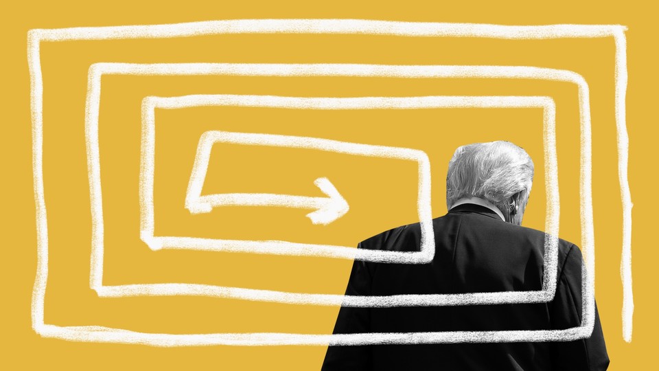 Photo-illustration of Trump's back with a looping arrow pointing at it