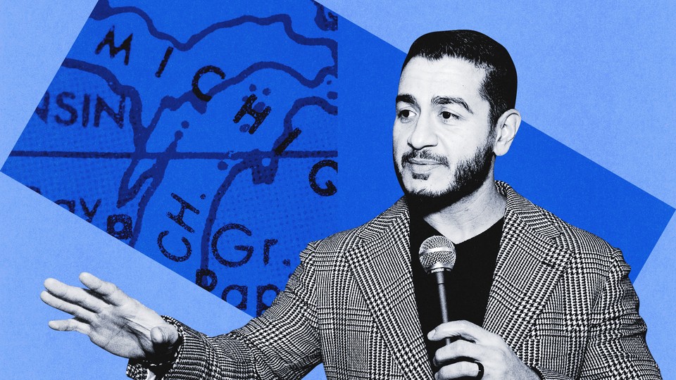 A cut-out black-and-white photograph of El-Sayad set against a blue background with a Michigan map.