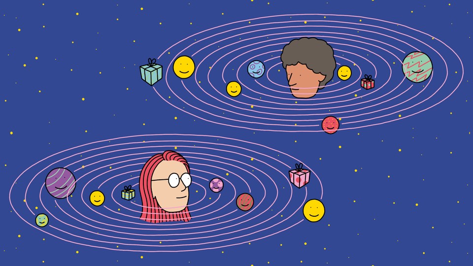 Illustration of two people with happy faces and gifts orbiting them
