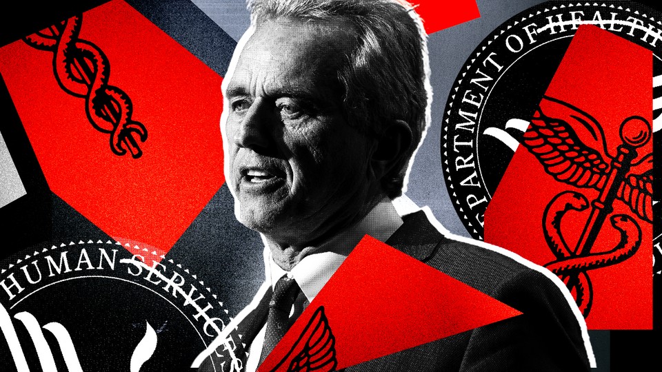 Collage of Robert F. Kennedy Jr., the logo for the Department of Health and Human Services, and a caduceus, all in shades of red, black, and white.