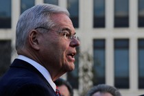 New Jersey Senator Bob Menendez addresses reporters outside a Newark courthouse.