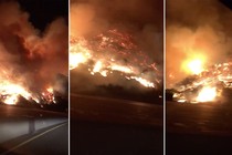 Three cellphone images of fires burning the hillside along the 405 freeway