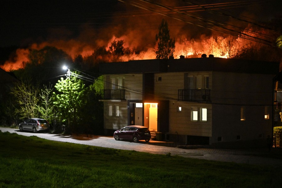 A forest fire burns behind houses at night.