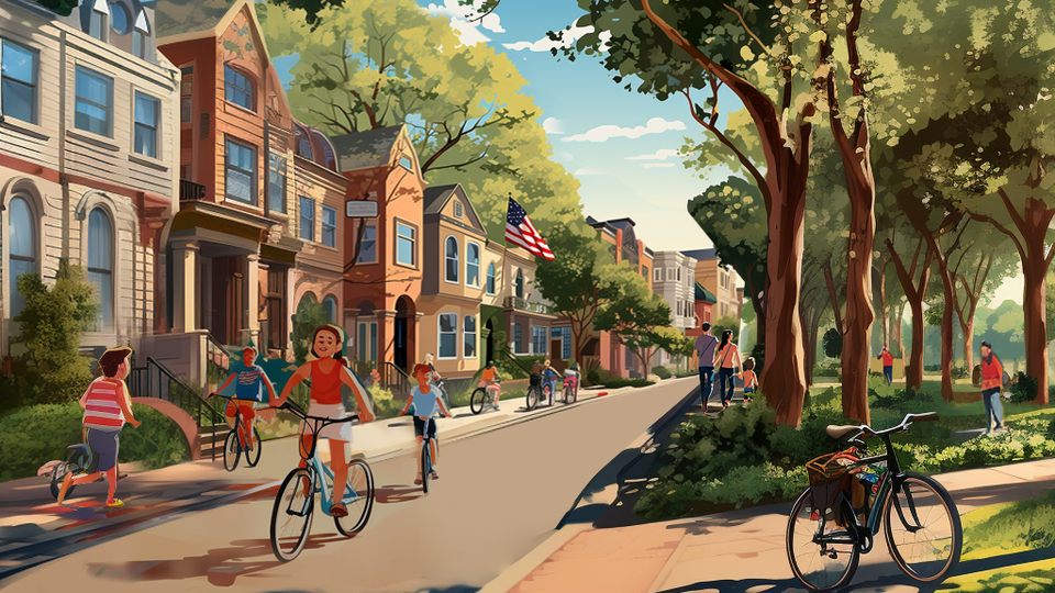 Illustration of a street with children biking.