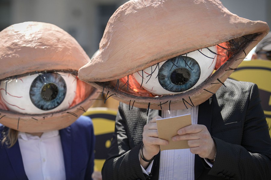 Two people wearing masks depicting large eyeballs attend a protest.