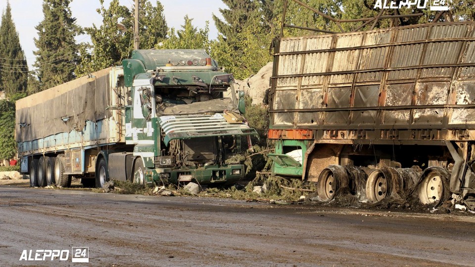 Part of the convoy that was struck Monday near Aleppo, Syria.