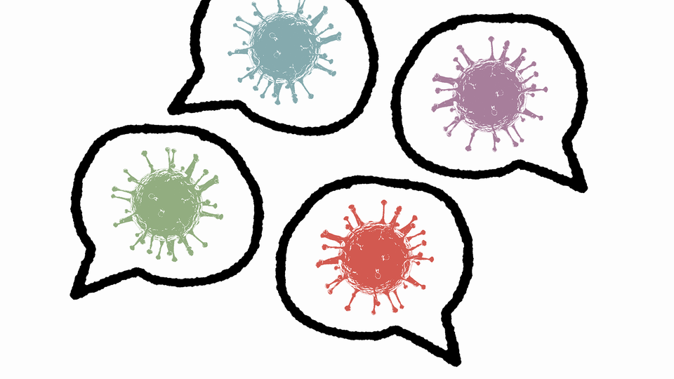 Four colorful coronaviruses, each enclosed in a conversation bubble