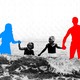 Illustration of a red silhouette and a blue silhouette holding hands with two children