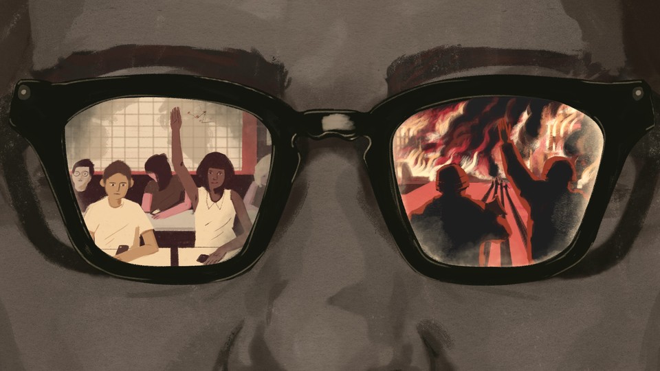 A custom image of a face with glasses; an image of a classroom is seen in one lens, and of soldiers at war in the other.