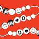 black-and-white illustration of friendship bracelet loosely strung with smileys, hearts, faces of Marshall, Higgins, Herlihy, and letters P D D on red background