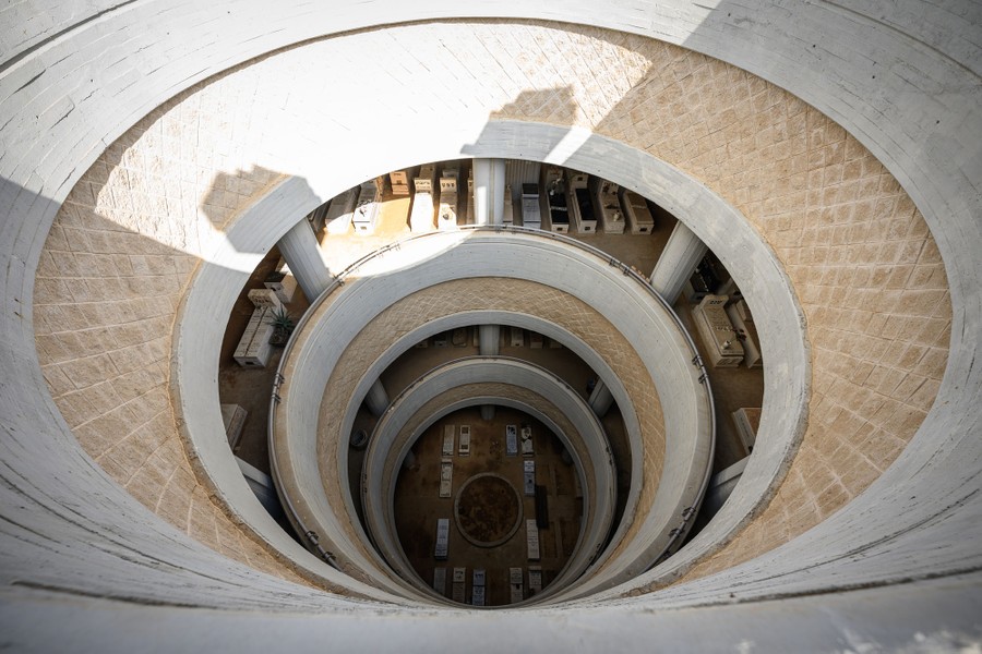 A round, multistory atrium captured from above