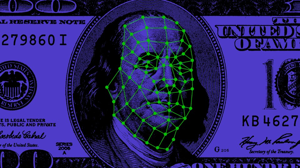 An illustration of U.S. currency with the face being mapped for facial recognition