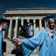 Seniors at Columbia University taking graduation photos on March 15, 2020.