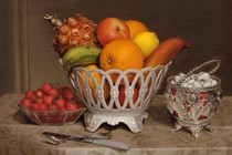 a painting of a bowl of fruit on a table next to a bowl of tomatoes and another bowl and a spoon and knife