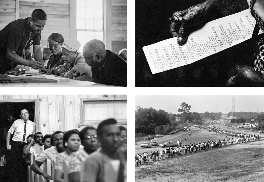 4 photos: outreach to new voters; hand with sample ballot; March Against Fear, 1966; activist meeting, 1964