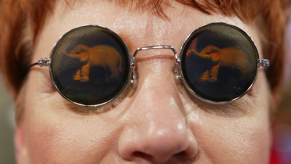 A delegate wears elephant-themed glasses at the 2004 Republican National Convention.
