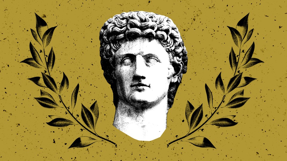 A bust of the Roman emperor Augustus flanked with two branches