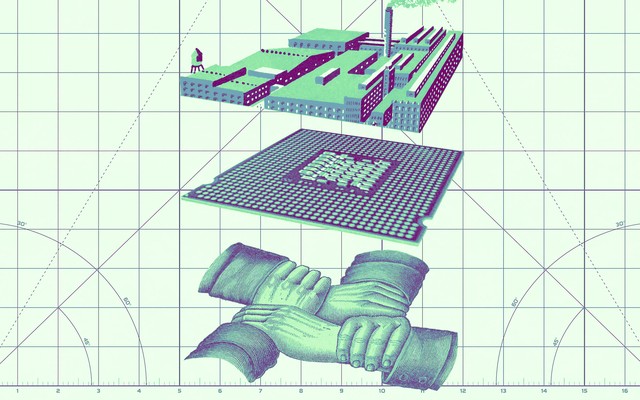 A drawing of a factory atop an equally sized computer chip atop four hands gripping the wrist of the next. This illustration is in front of grid paper with numbers on the x-axis and the y-axis and multiple angles drawn on it.