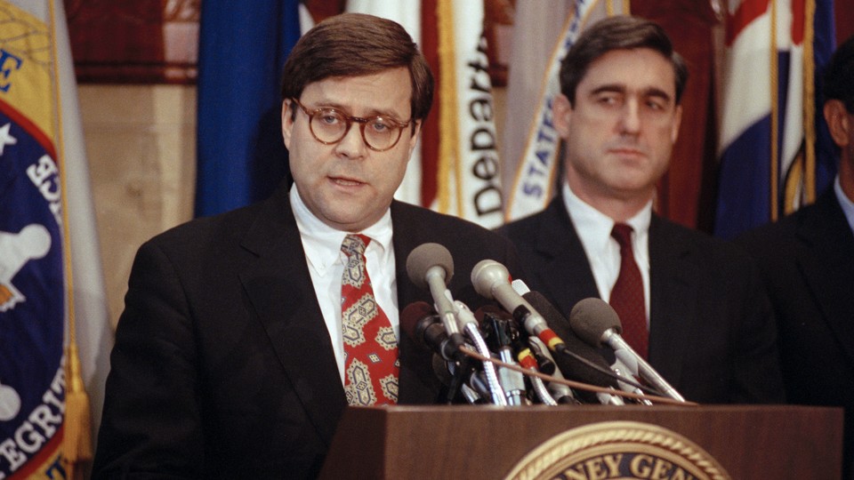 William Barr, left, and Robert Mueller served together in the Justice Department under President George H. W. Bush in the early 1990s.