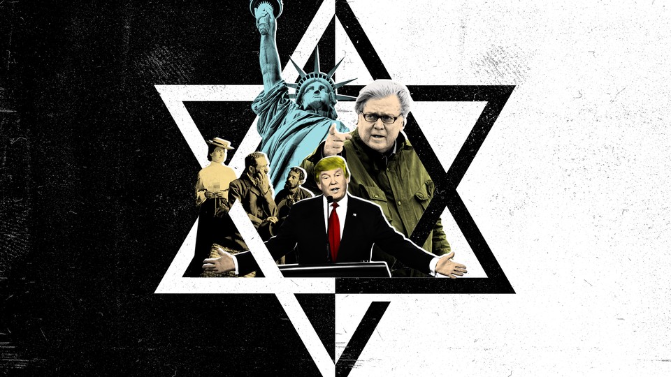 A collage featuring Donald Trump, Stephen Bannon, several other people, and the Statue of Liberty atop a black-and-white Star of David