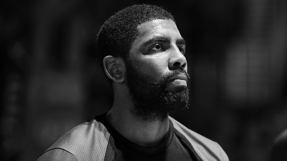 Black-and-white photo of Kyrie Irving