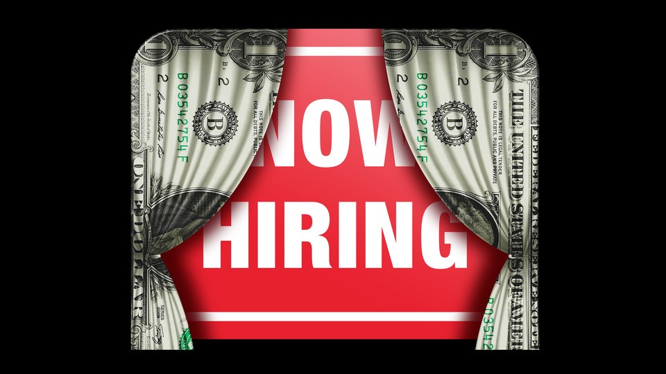 An illustration that shows curtains made of one-dollar bills revealing a "Now Hiring" sign